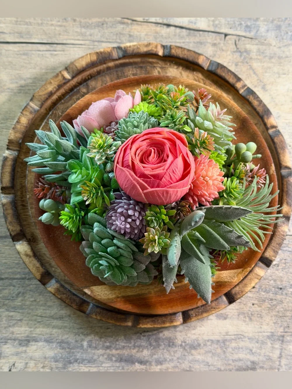 Handcrafted Artificial Succulent Plant and Pink Rose Centerpiece